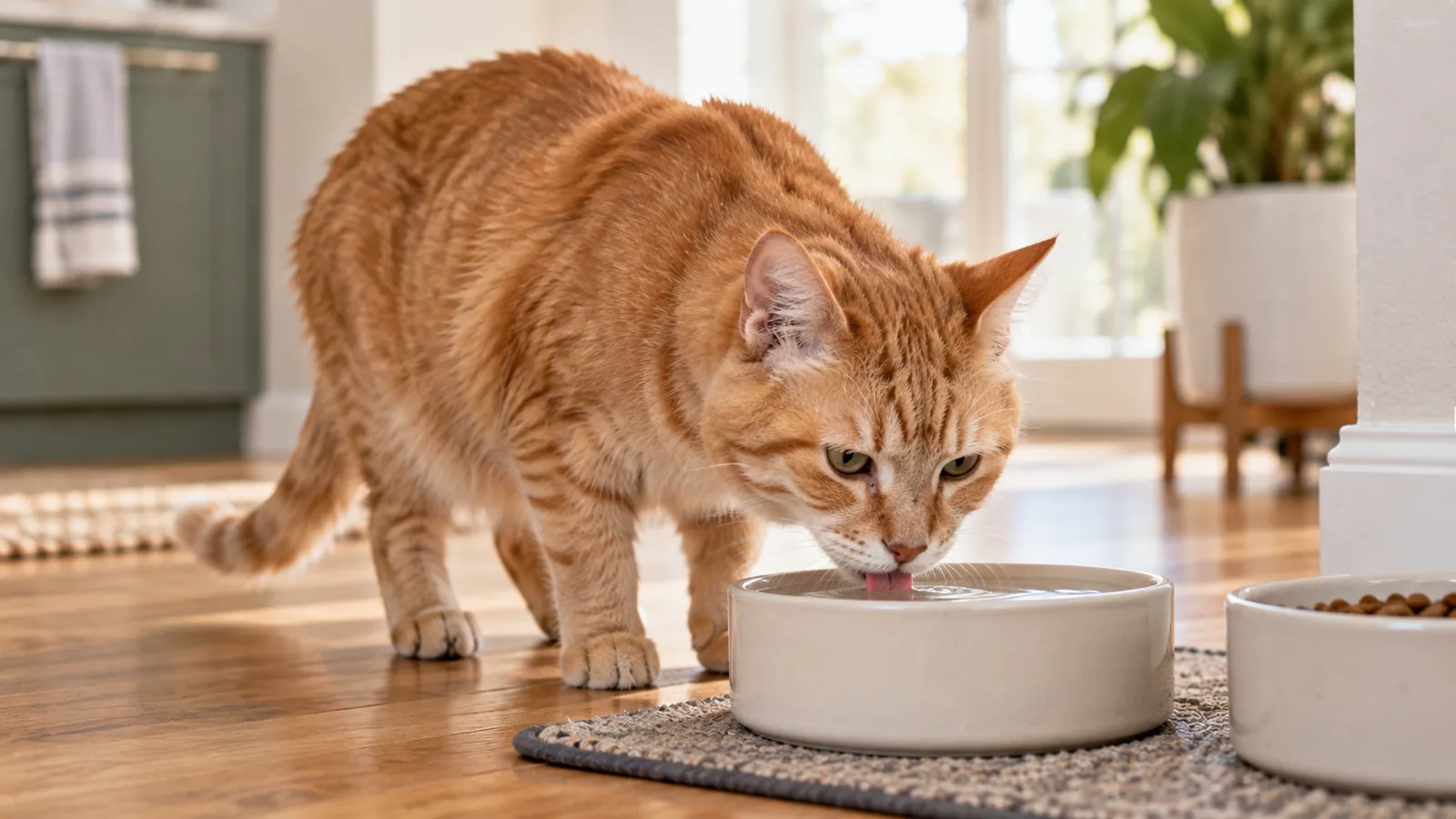 An orange cat with a dull coat and weight loss drinks water from a dish on the floor.