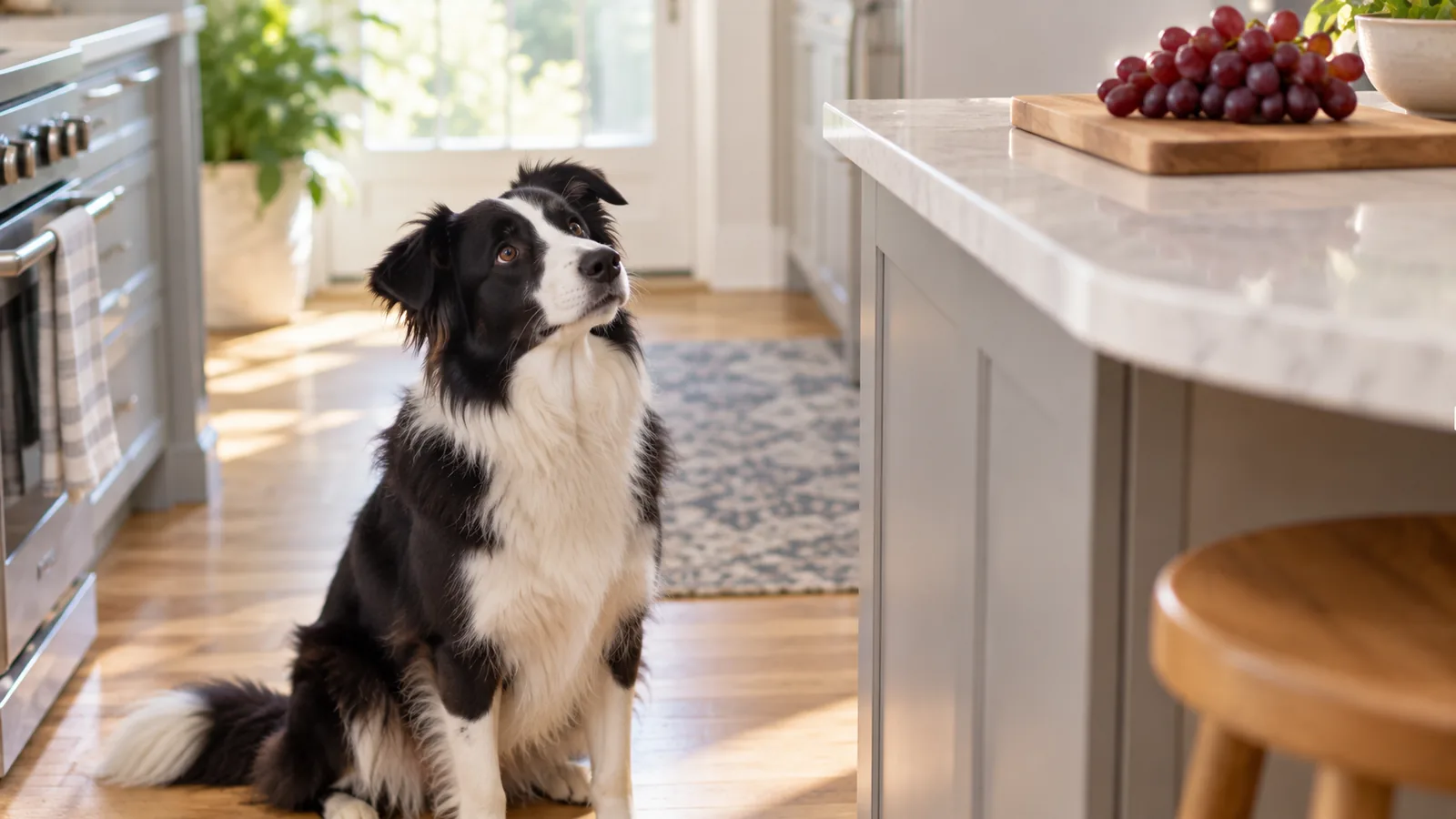 A border collie sits in a kitchen, looking up at a bundle of grapes on the kitchen counter.